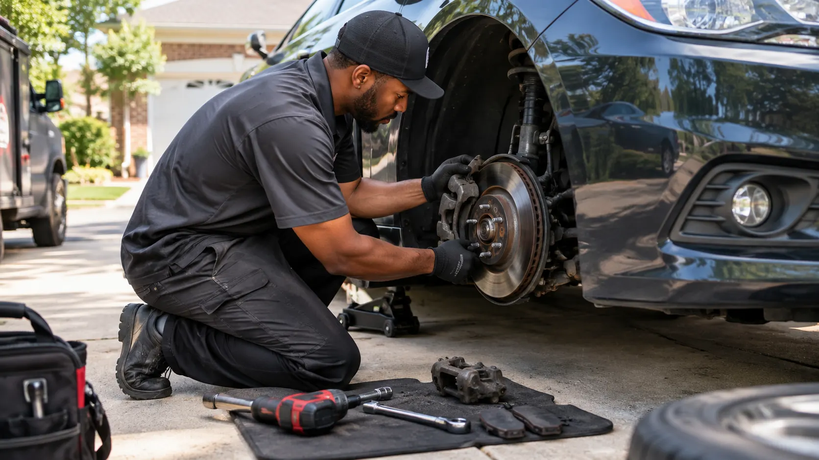 Relentless mechanic replacing brakes in a customer's driveway