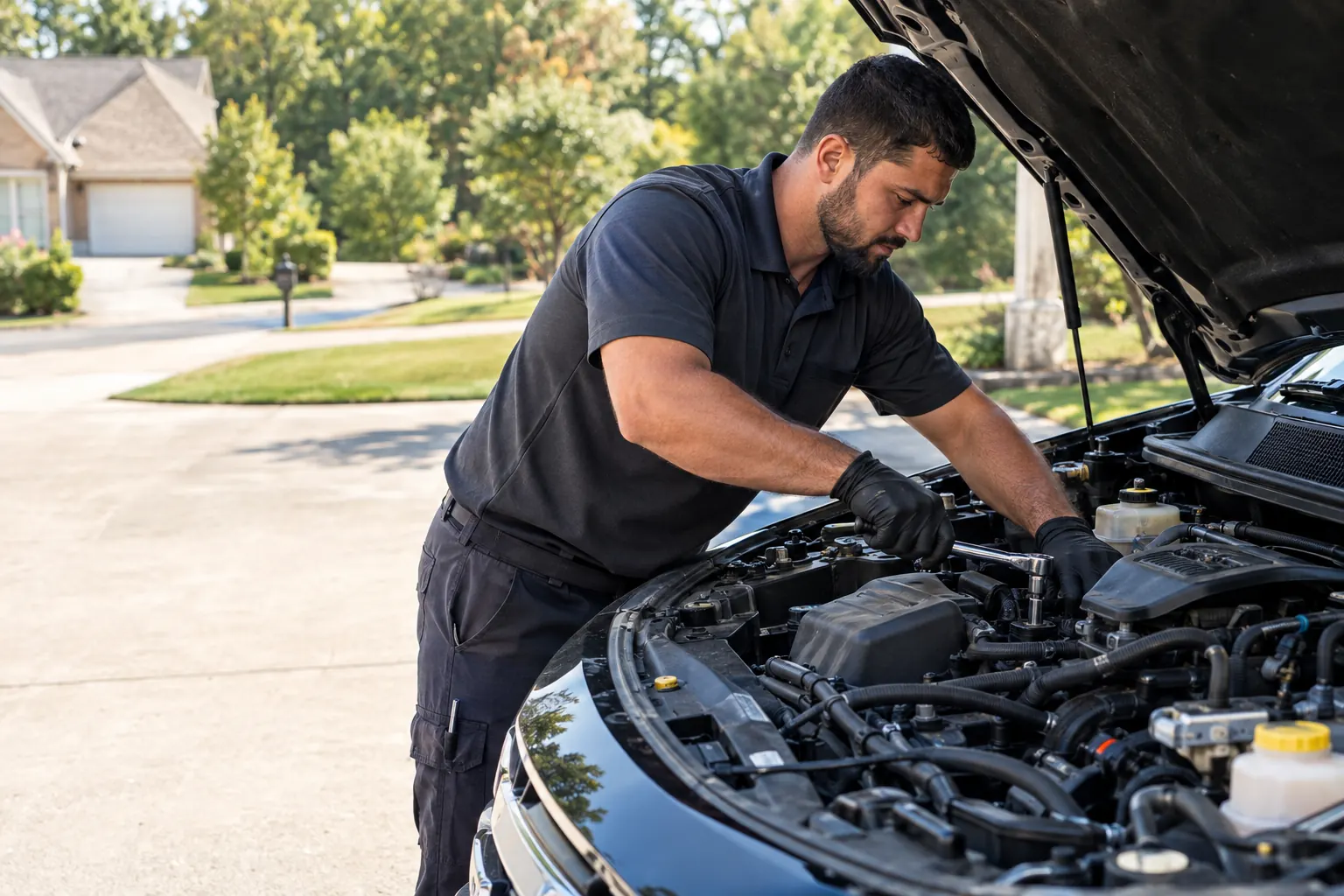 Emmo working under the hood of a car in a Douglasville, GA driveway