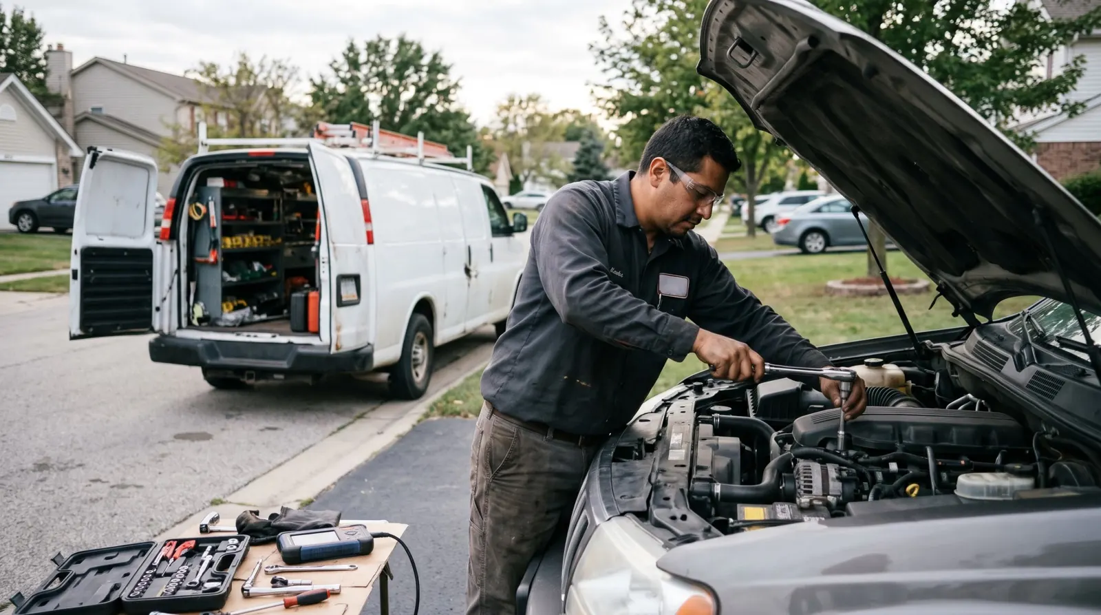 Mobile mechanic working on an engine beside a fully stocked service van